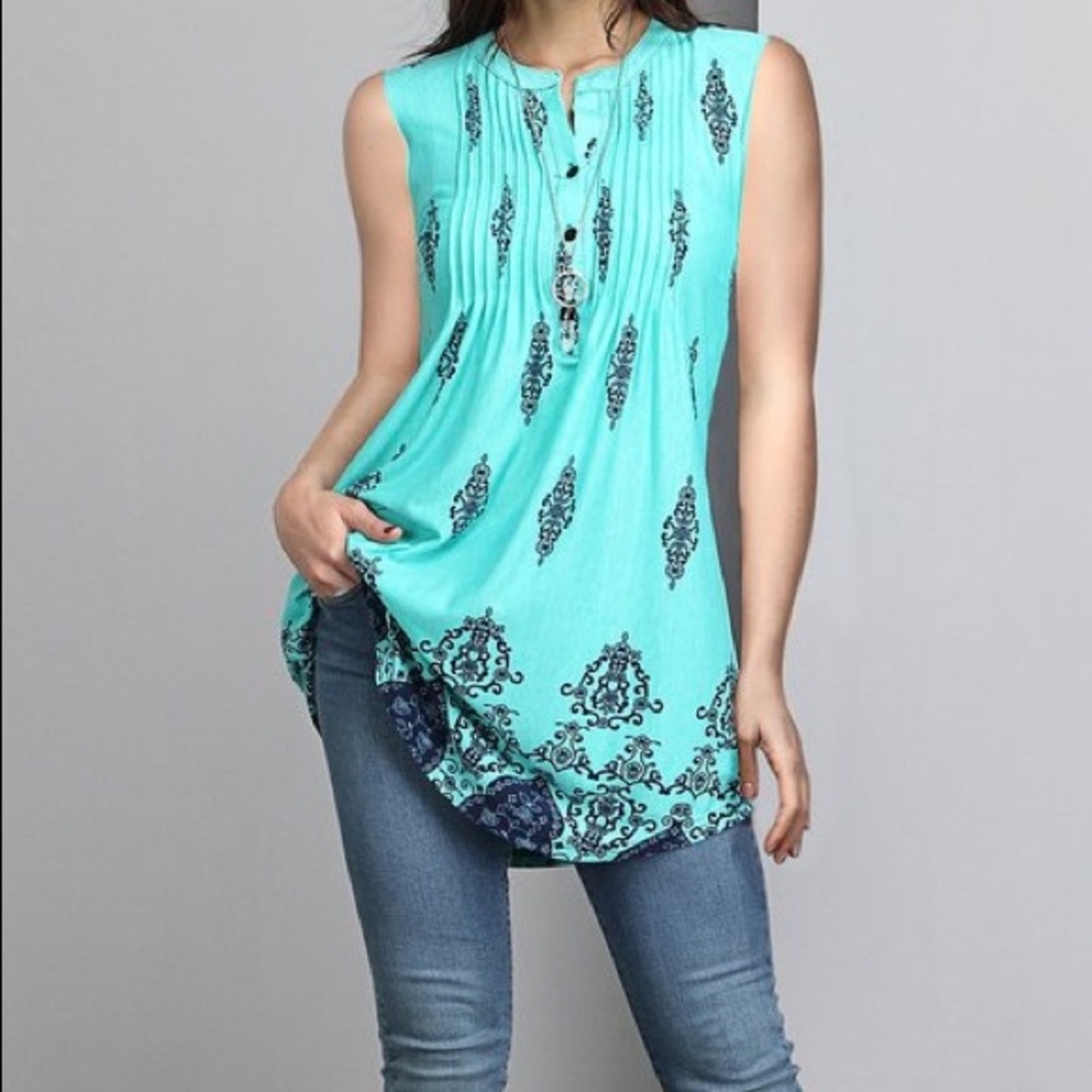 Turquoise Damask Sleeveless Pin Tuck Tunic